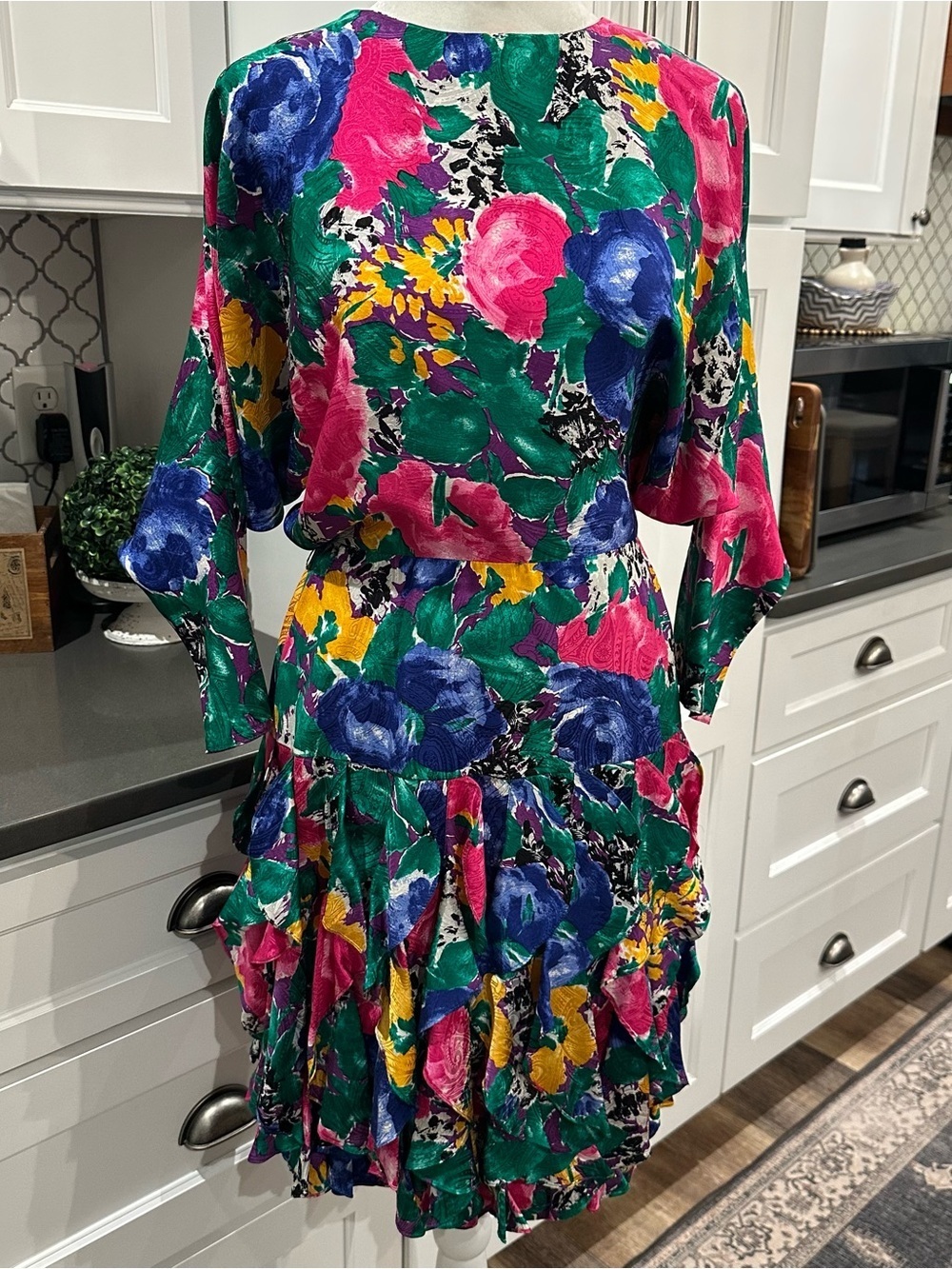 Gillian Floral Silk Cocktail Dress 4 Vibrant Dolman Sleeves Ruffle Party Wedding